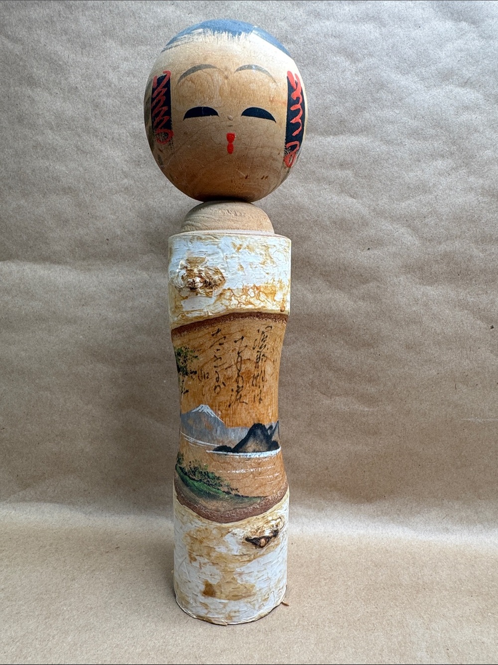 1980s White Birch Hand-Painted Wooden Kokeshi Doll Japanese